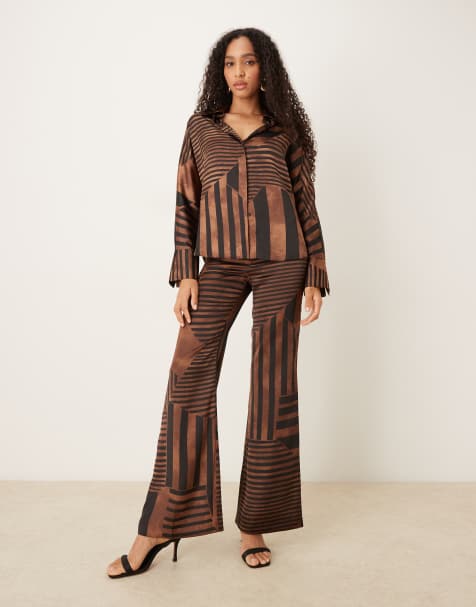 Mango satin flared trouser co-ord in brown geometric print - view 1