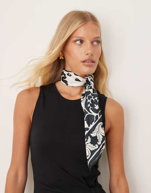 Mango satin floral print scarf in black ASOS