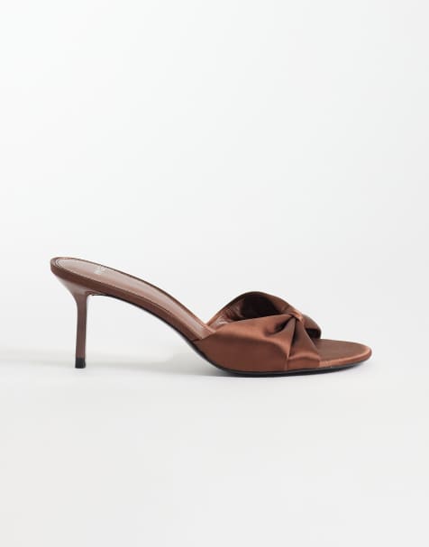 Mango satin heeled mules in brown - view 1