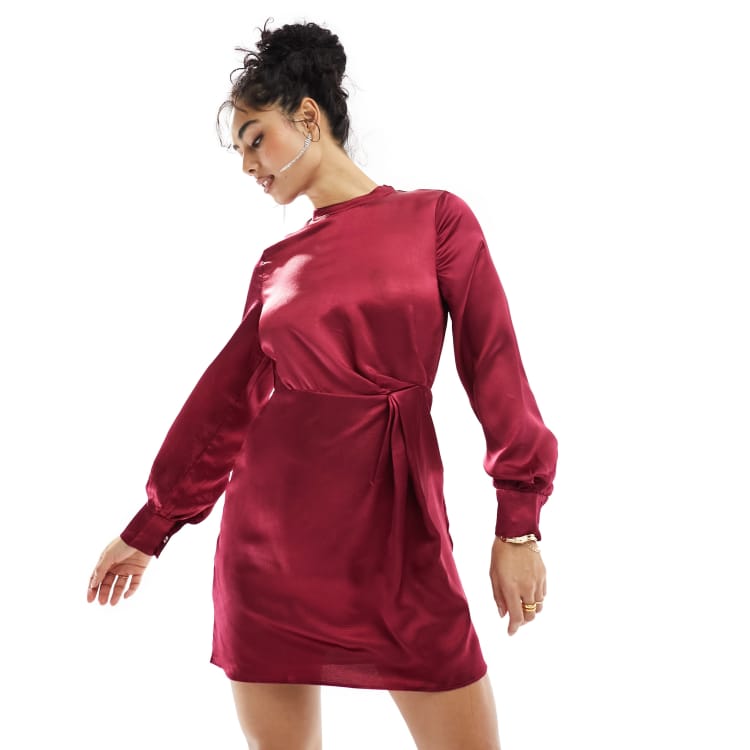 Deep Neck Red Satin Dress, Street Style Store