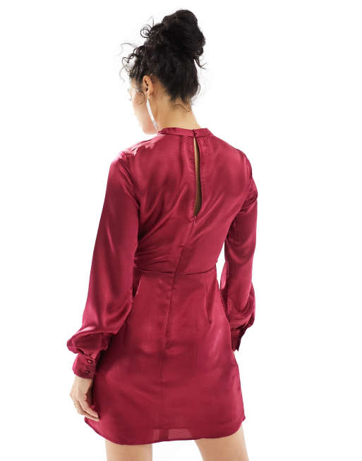 Deep Neck Red Satin Dress, Street Style Store