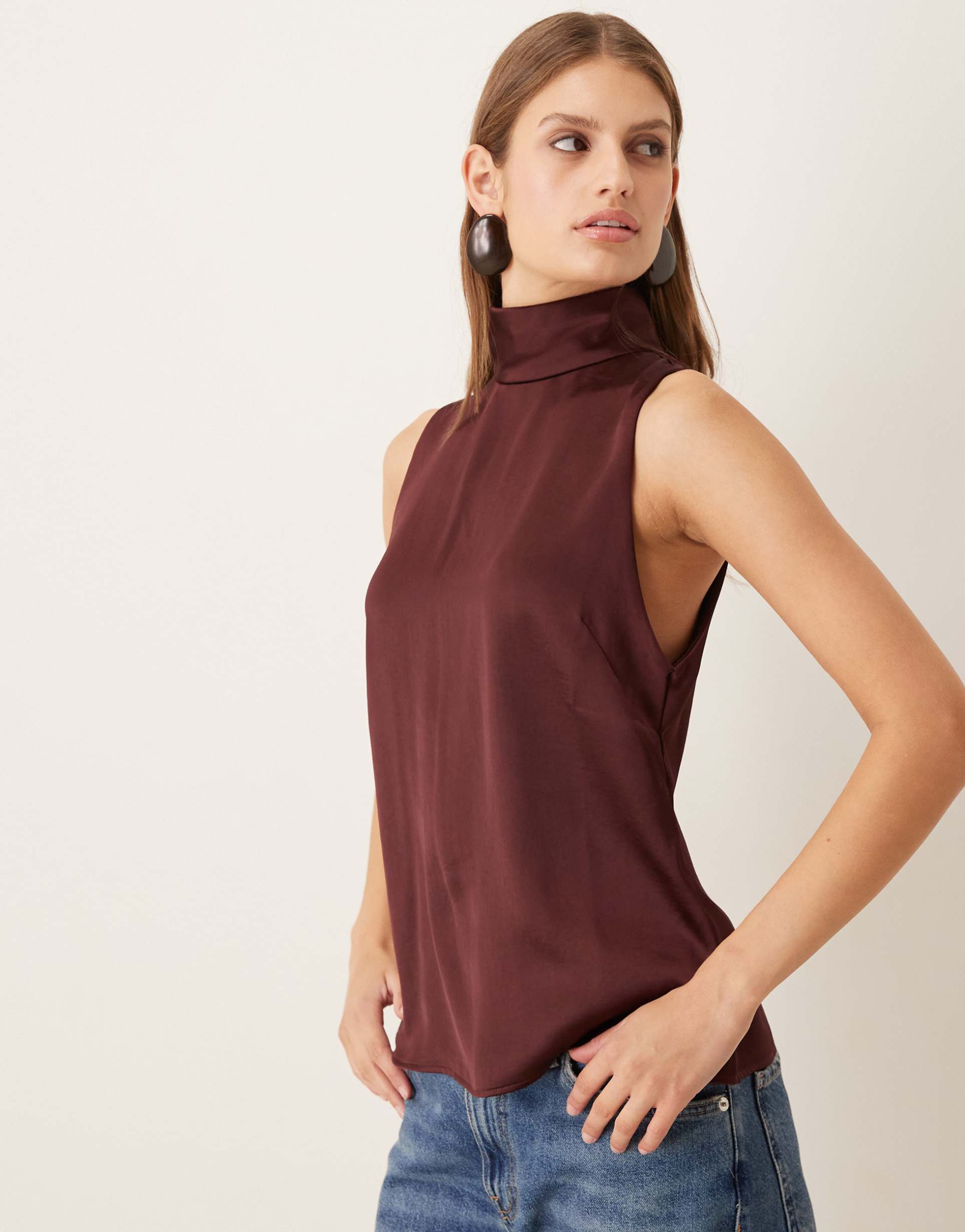 mango satin high neck sleeveless blouse in burgundy