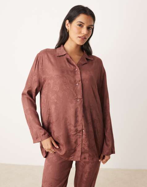 Mango satin jacquard pyjama shirt co-ord in brown - view 1