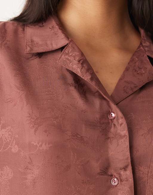 Mango satin jacquard pyjama shirt co-ord in brown, 3 of 4