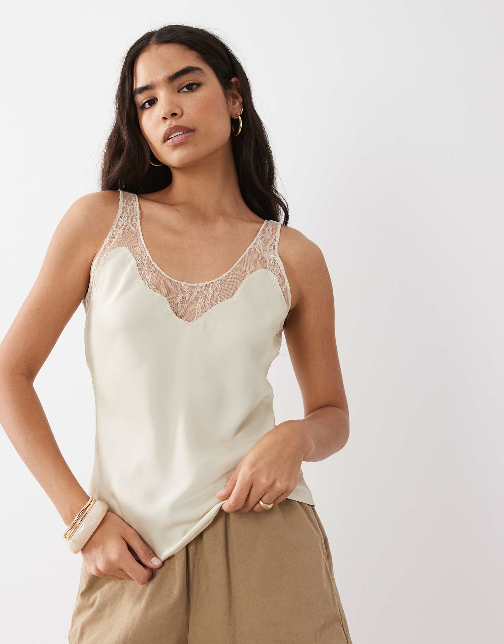 mango satin lace detail sleeveless cami in light beige