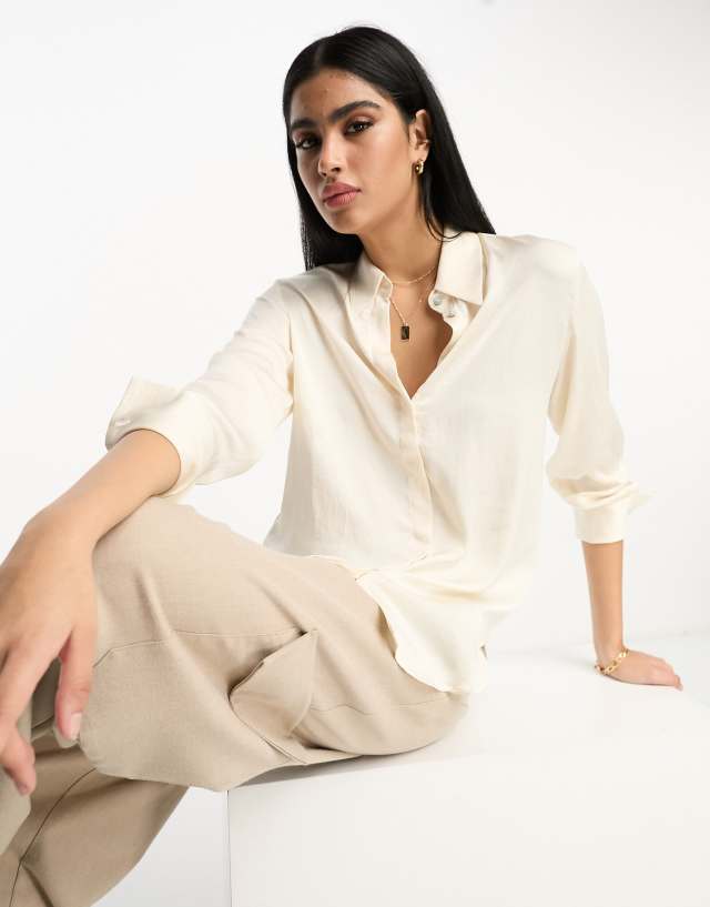 Mango satin long sleeve shirt in ecru