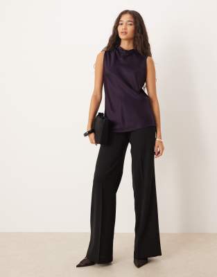 Mango Satin Look High Neck Draped Sleeveless Top In Red