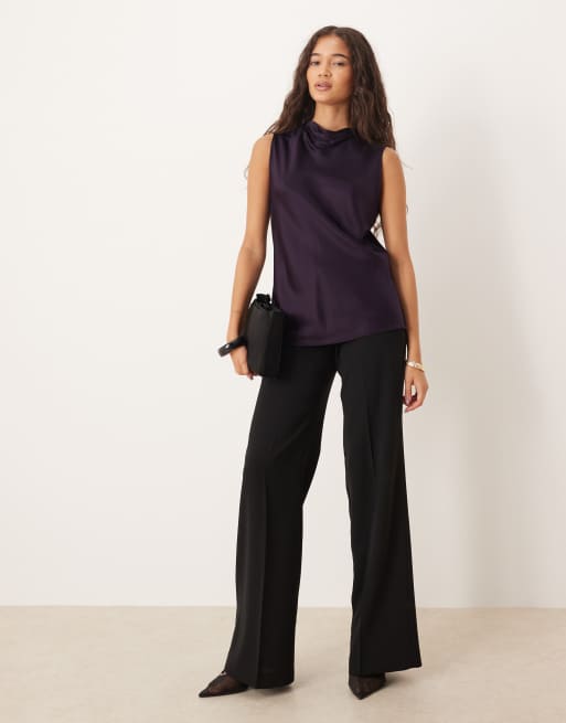 Mango satin look high neck draped sleeveless top in purple