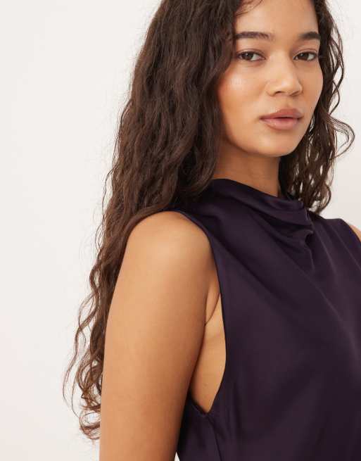 Mango satin look high neck draped sleeveless top in purple