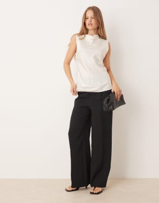 Mango Satin Look High Neck Draped Sleeveless Top In White