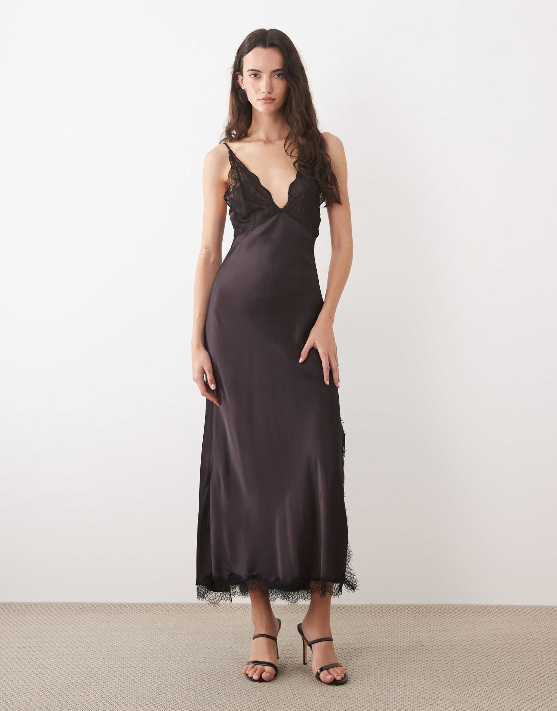 mango satin maxi dress with delicate lace trim in deep red