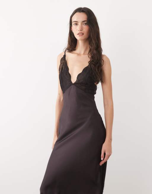 Mango satin maxi dress with delicate lace trim in deep red, 2 of 4