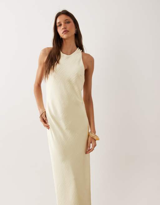 Mango satin maxi dress with twist back detail in pastel yellow, 4 of 4