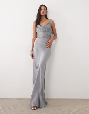 Mango satin maxi skirt co-ord in silver