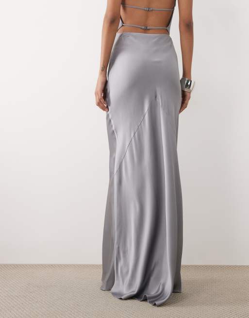 Mango satin maxi skirt co-ord in silver, 3 of 5