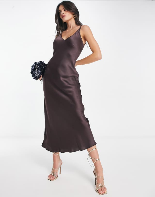 Mango satin midi dress in chocolate