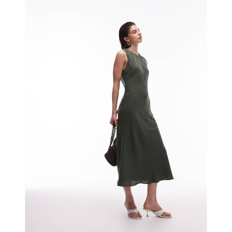 Mango satin midi dress in olive green | ASOS