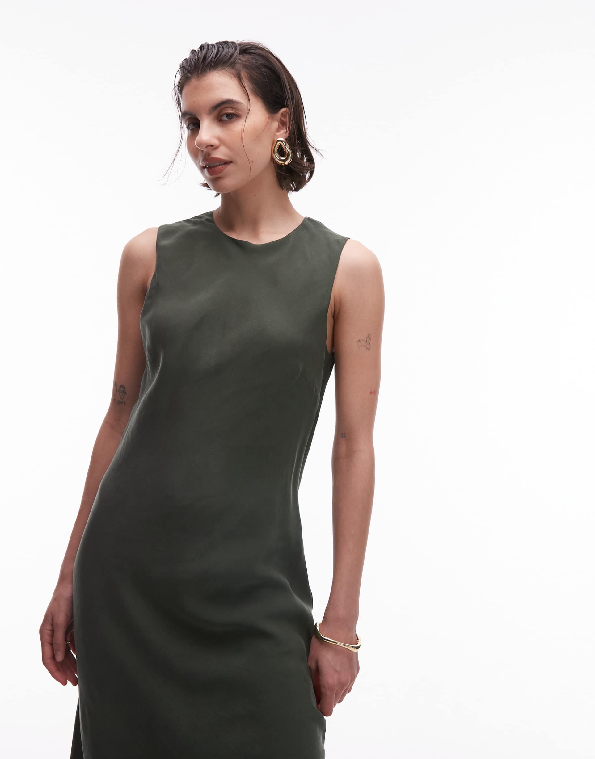 mango satin midi dress in olive green