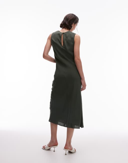 Mango satin midi dress in olive green , 3 of 4