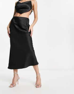 Mango Mango satin midi skirt in black