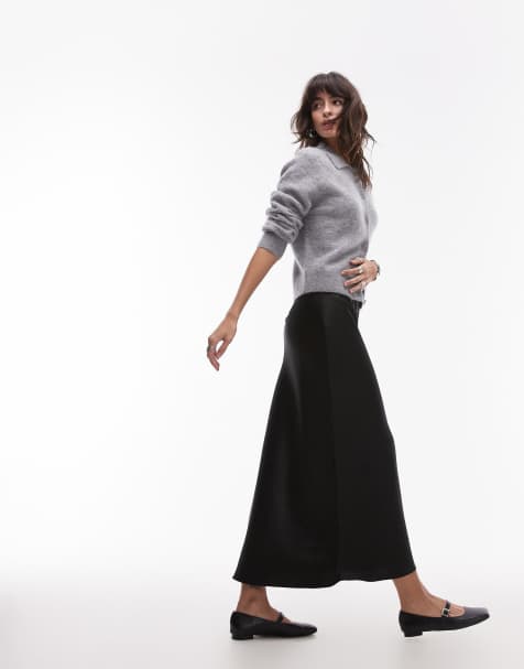 Mango satin midi skirt in black