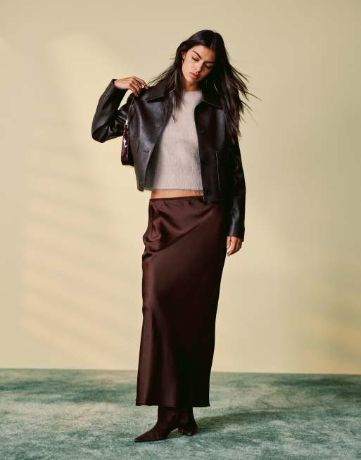 Mango satin midi skirt in brown ASOS