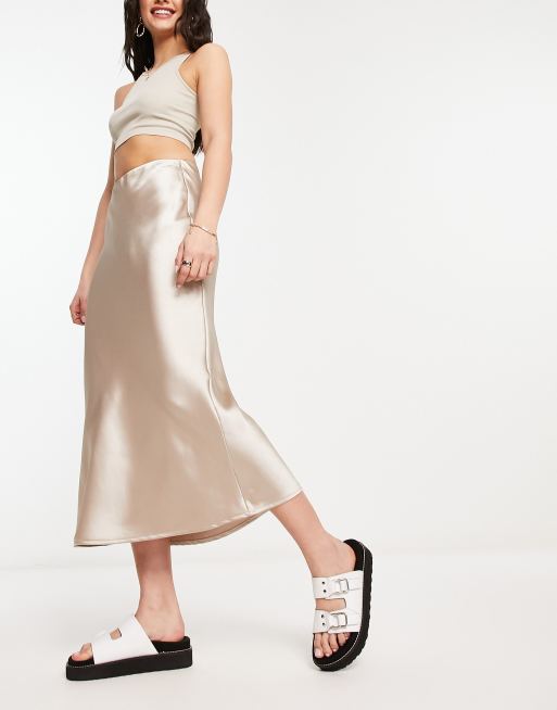 Mango satin midi skirt in champagne | ASOS