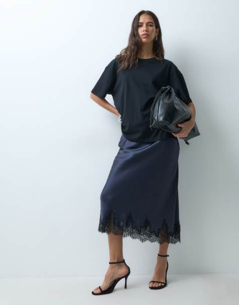Mango satin midi skirt with lace trim in navy