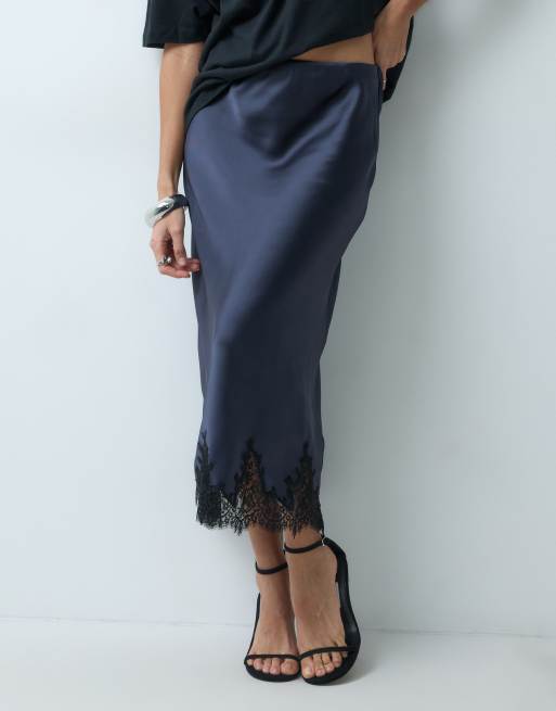 Mango satin midi skirt with lace trim in navy, 2 of 5