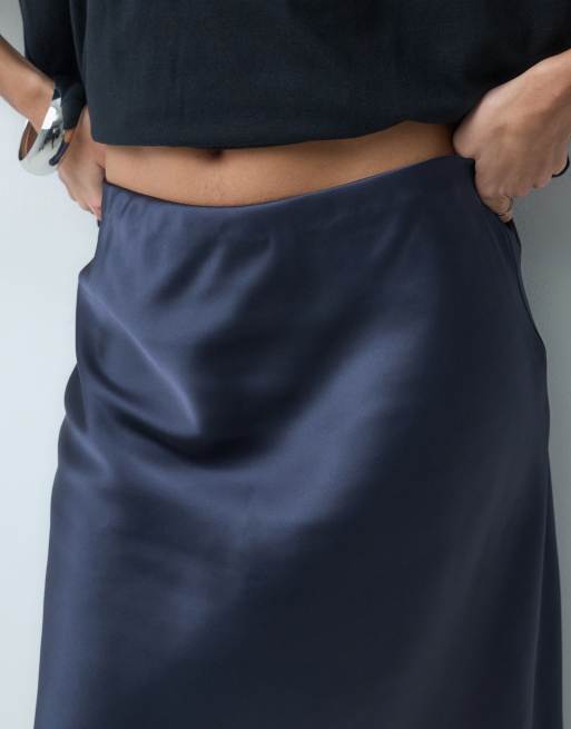 Mango satin midi skirt with lace trim in navy, 3 of 5
