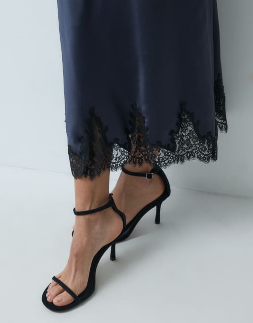 Mango satin midi skirt with lace trim in navy, 4 of 5