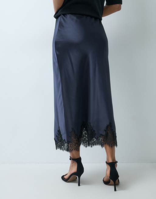 Mango satin midi skirt with lace trim in navy, 5 of 5