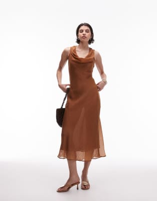 Mango - Satin-Midikleid in Braun mit Wasserfallausschnitt