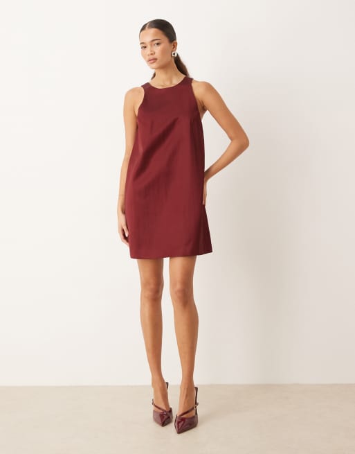 Mango satin mini shift dress with bow back detail in cherry red, 2 of 4