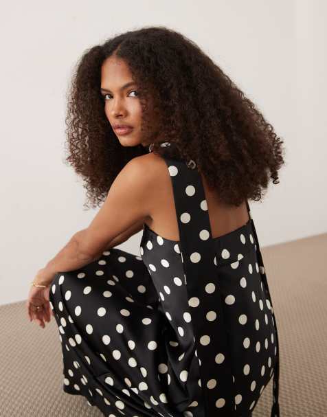 Mango satin off shoulder maxi dress with scarf detail in polka dot - view 1