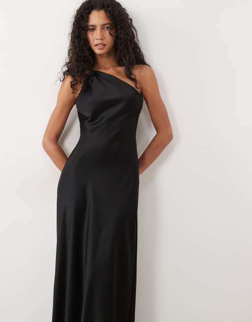 Mango satin one shoulder midi dress in black, 2 of 4