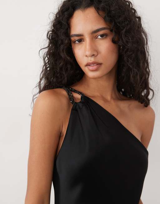 Mango satin one shoulder midi dress in black, 3 of 4