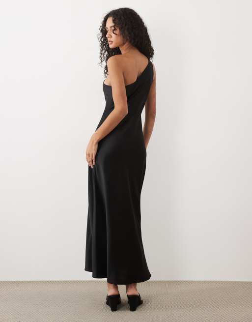 Mango satin one shoulder midi dress in black, 4 of 4