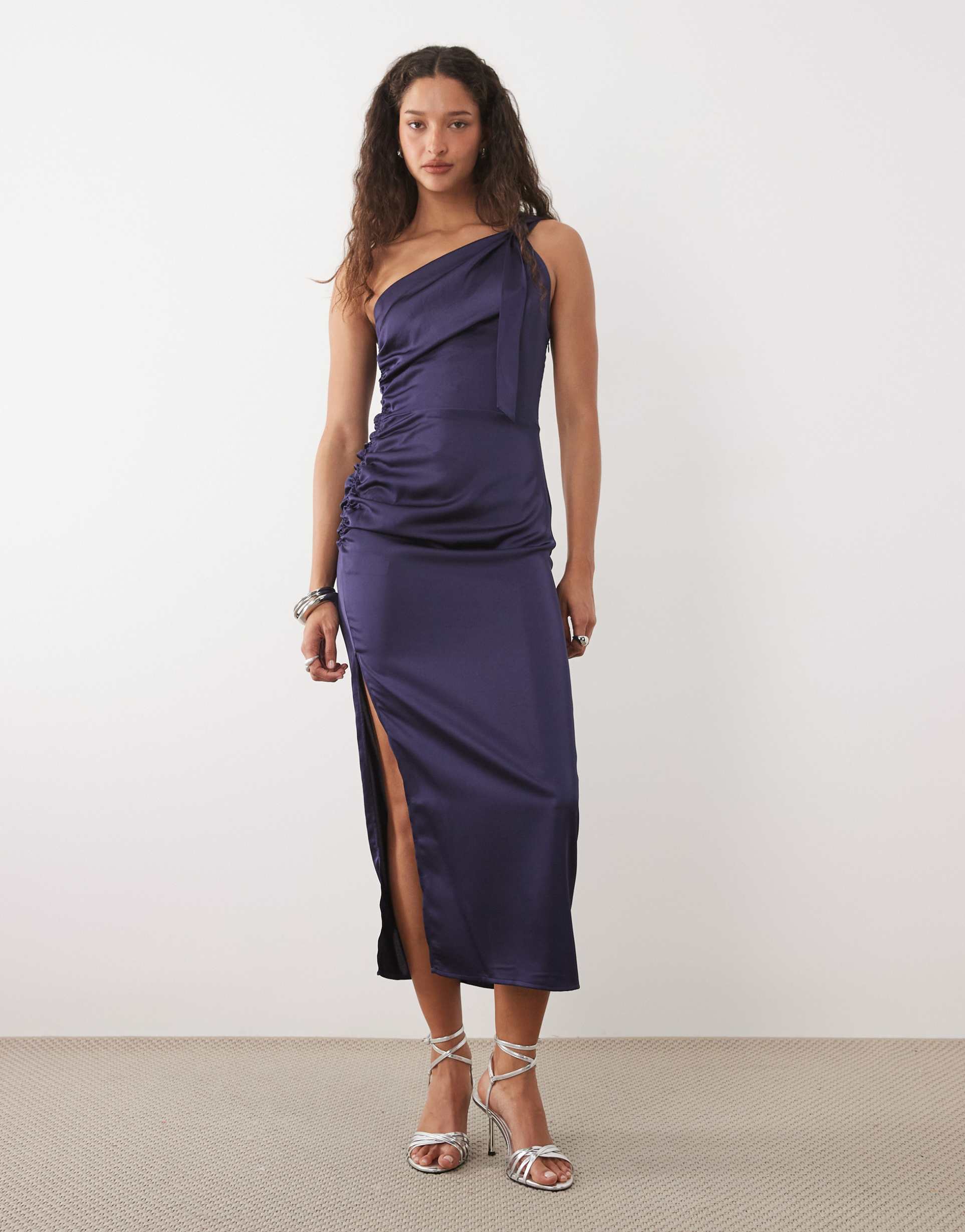 mango satin one shoulder midi dress in dark blue