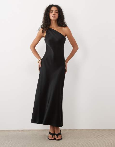 Mango satin one shoulder midi-klänning i svart - view 1