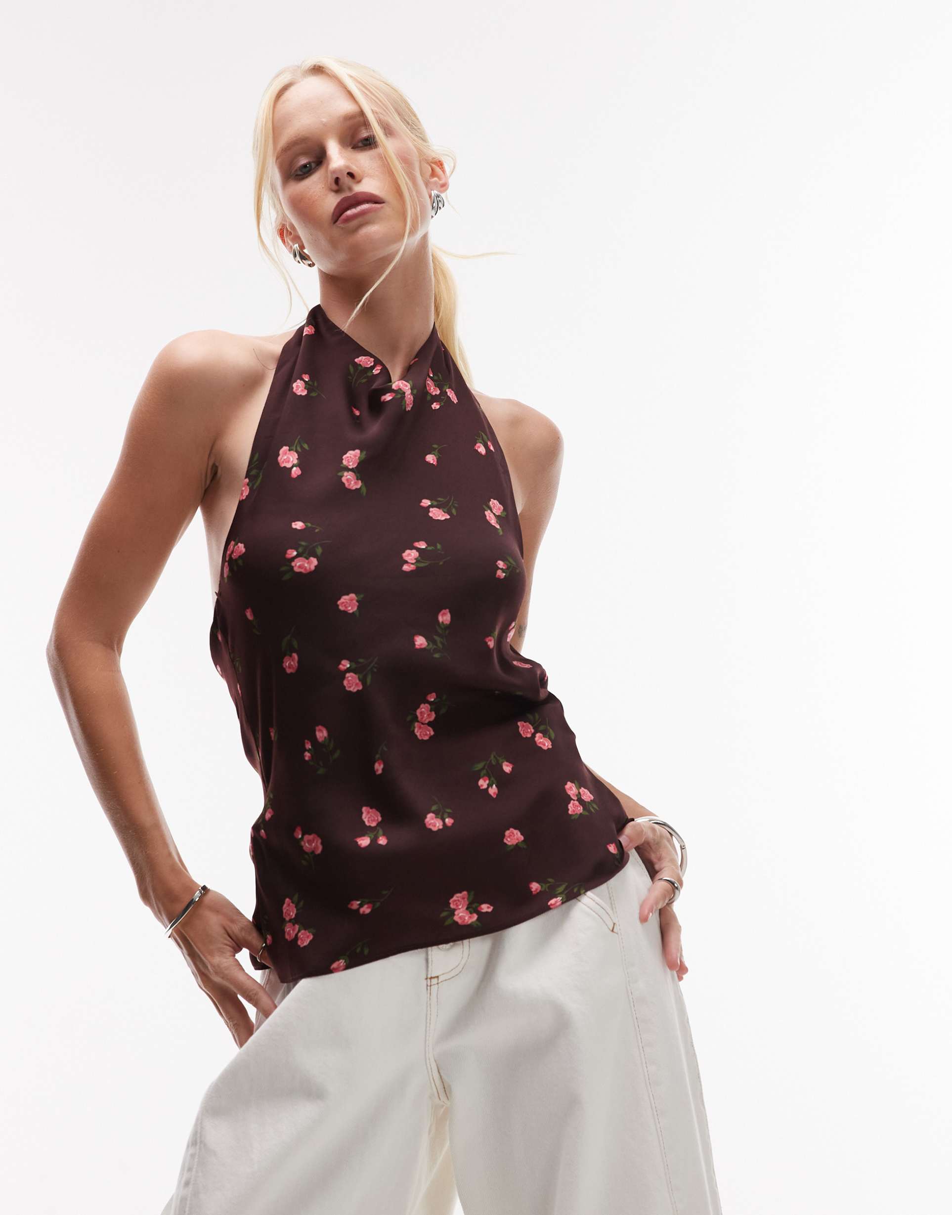 mango satin open back drape neck floral print top in chocolate