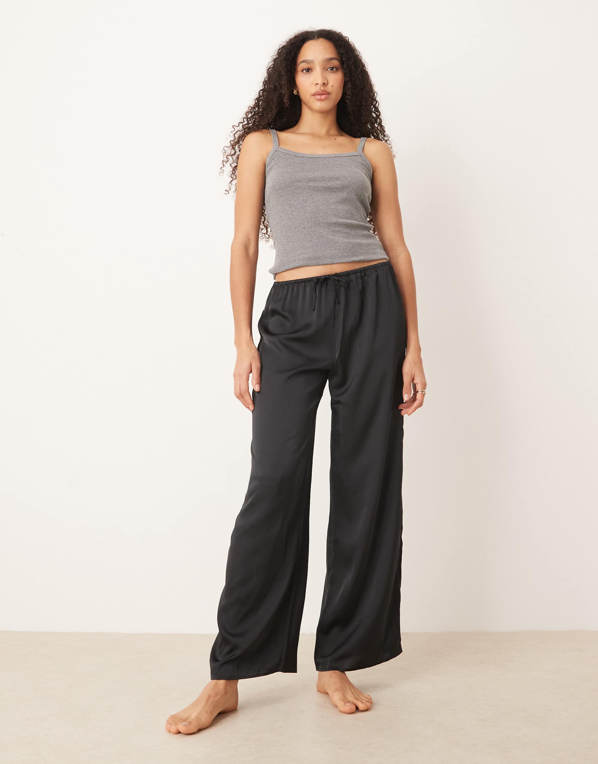 mango satin pajama drawstring pajama pants in charcoal