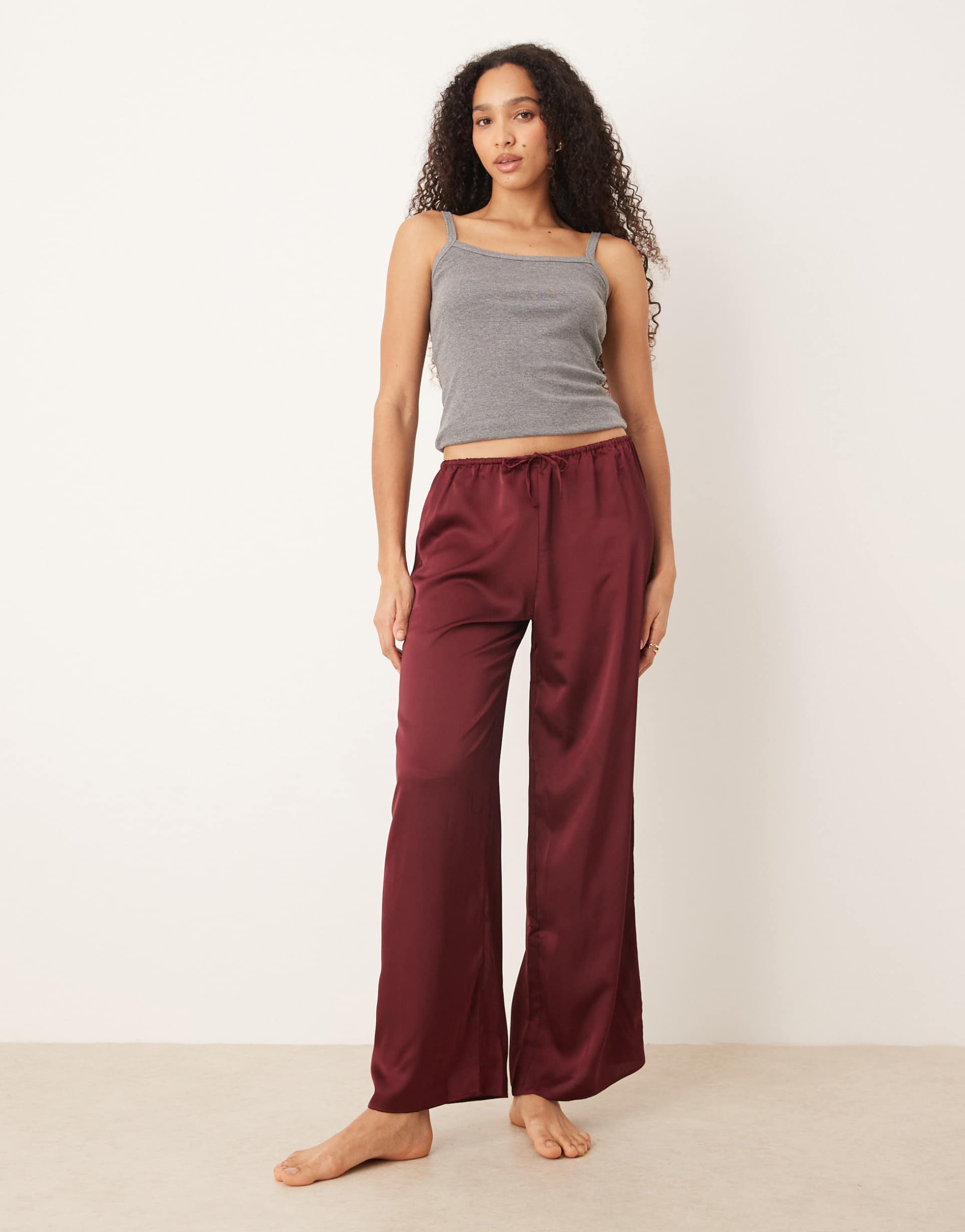 mango satin pajama drawstring pajama pants in deep red