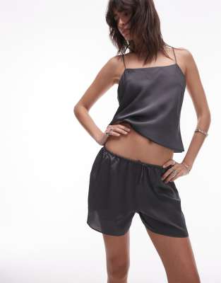 satin pajama shorts in charcoal - part of a set-Gray