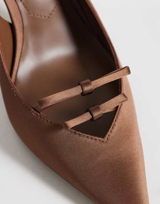 Mango satin pointed heeled slingbacks with bow detail in brown, 3 of 4
