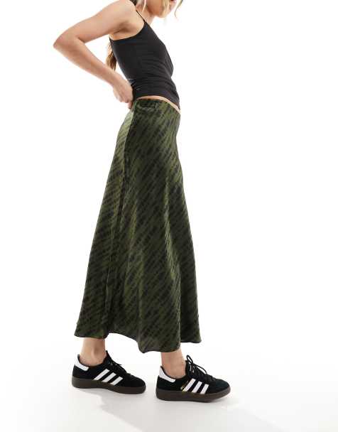 Mango satin print midi skirt in dark green - view 1