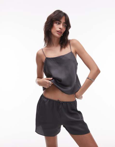 Mango satin pyjama cami top co-ord in charcoal - view 1