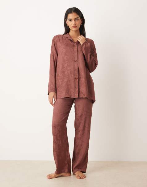 Mango – Satin-Pyjamahose in Braun mit Jacquard-Muster, Kombiteil - view 1