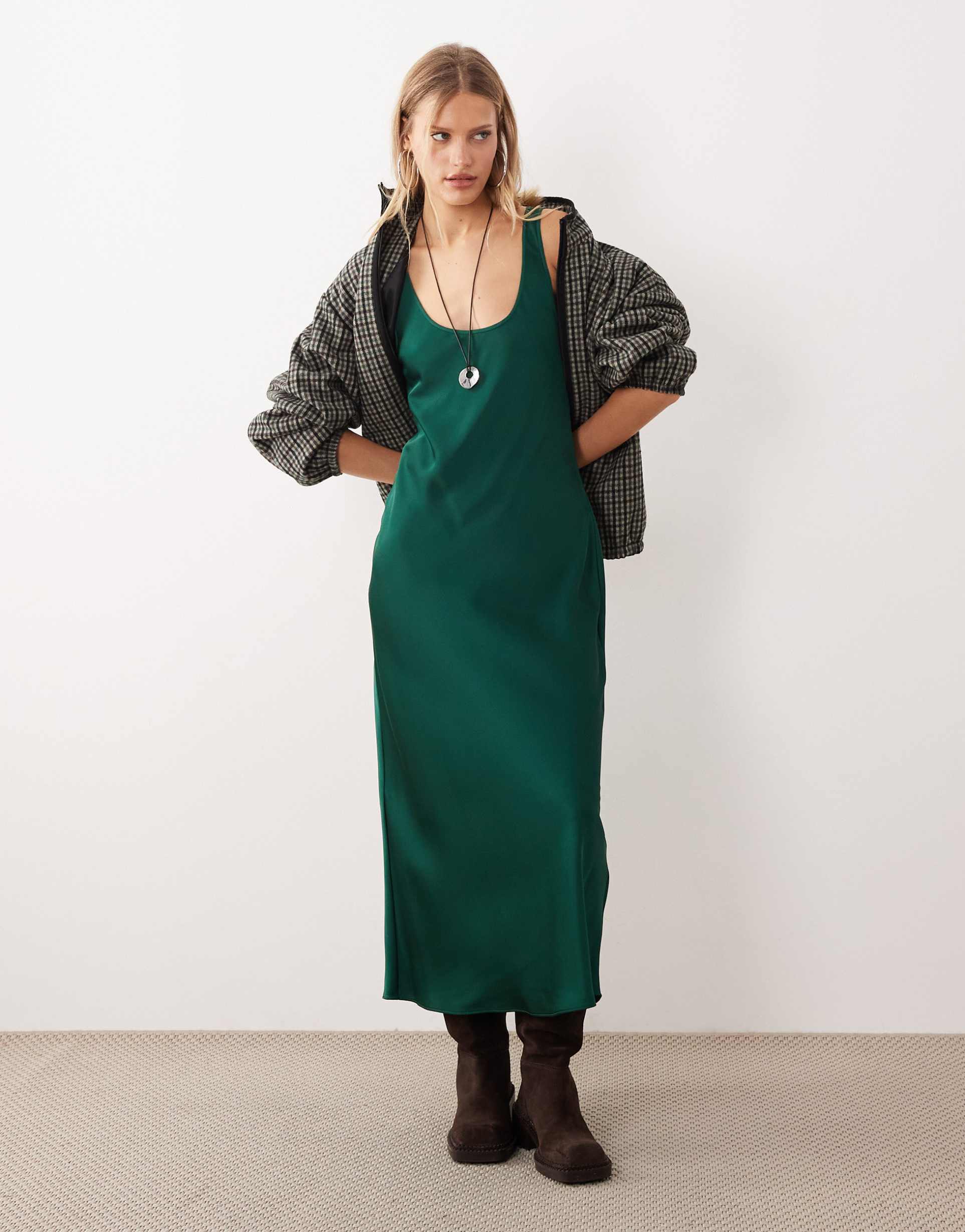 mango satin scoop neck midi dress in forest green