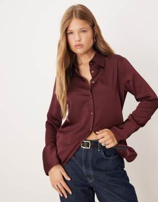 Mango Satin Shirt In Burgundy